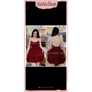 Đầm hai dây chéo lưng xòe tùng bí chất nhung, Đầm váy dự tiệc chất nhung mềm hai dây phối xích hở lưng sang trọn