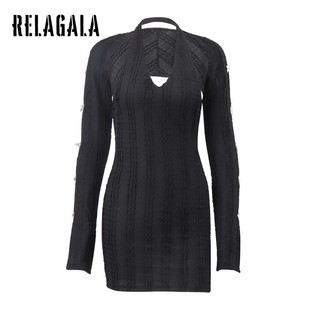 RelaGala Nữ Thời Trang Mới Gợi Cảm Lưới Nơ Sừng Tay Nối Cổ Hai Mảnh Đầm