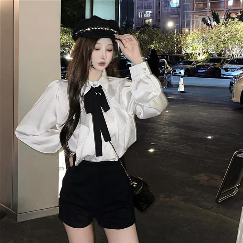 Áo sơ mi nơ tay dài áo sơ mi nữ cổ áo polo Hàn Quốc áo kiểu satin trắng thời trang nữ mùa thu đôn