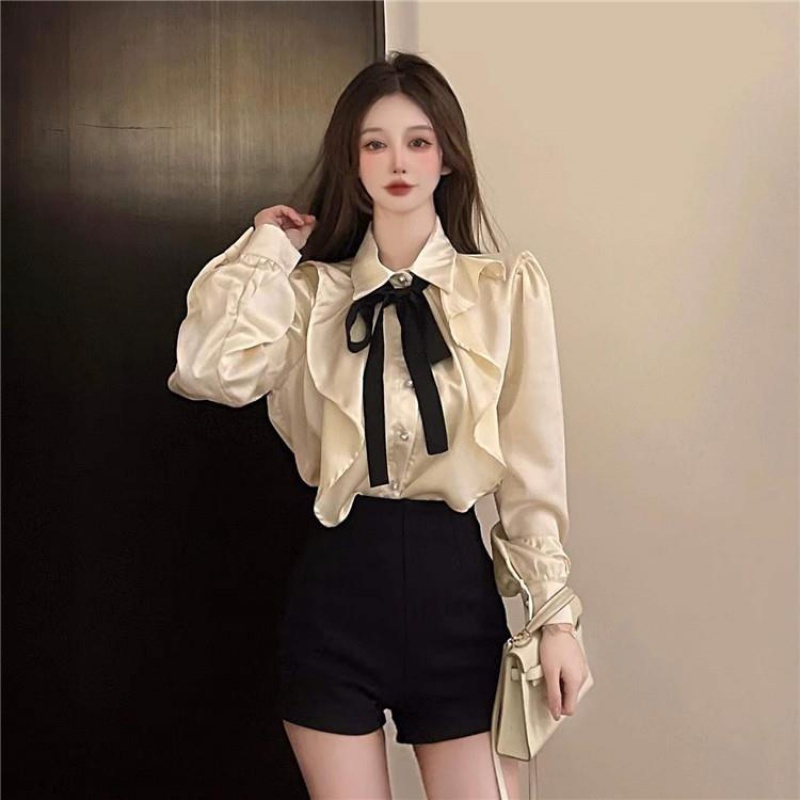 Áo sơ mi nơ tay dài áo sơ mi nữ cổ áo polo Hàn Quốc áo kiểu satin trắng thời trang nữ mùa thu đôn