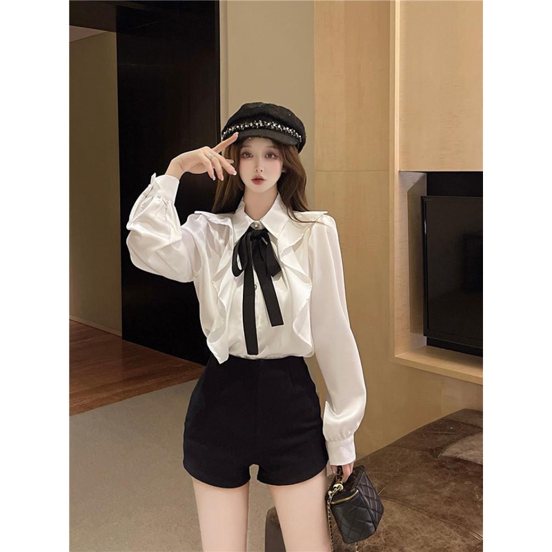 Áo sơ mi nơ tay dài áo sơ mi nữ cổ áo polo Hàn Quốc áo kiểu satin trắng thời trang nữ mùa thu đôn