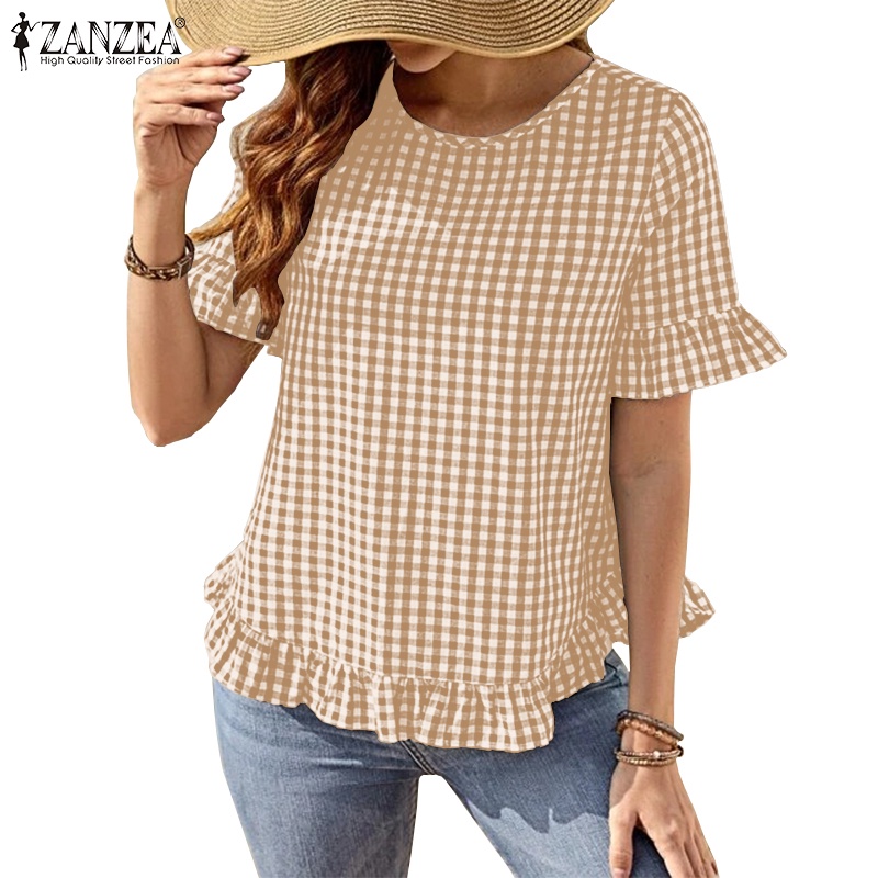 Zanzea Áo Kiểu Tay Ngắn Cổ Tròn Viền Bèo Họa Tiết Caro Phong Cách vintage
