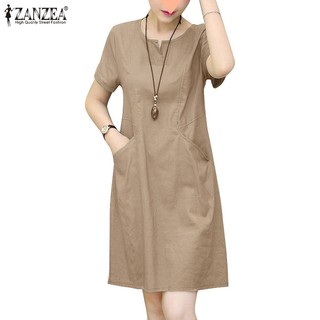 Đầm nữ ZANZEA tay ngắn cổ chữ v màu trơn phong cách Hàn Quốc