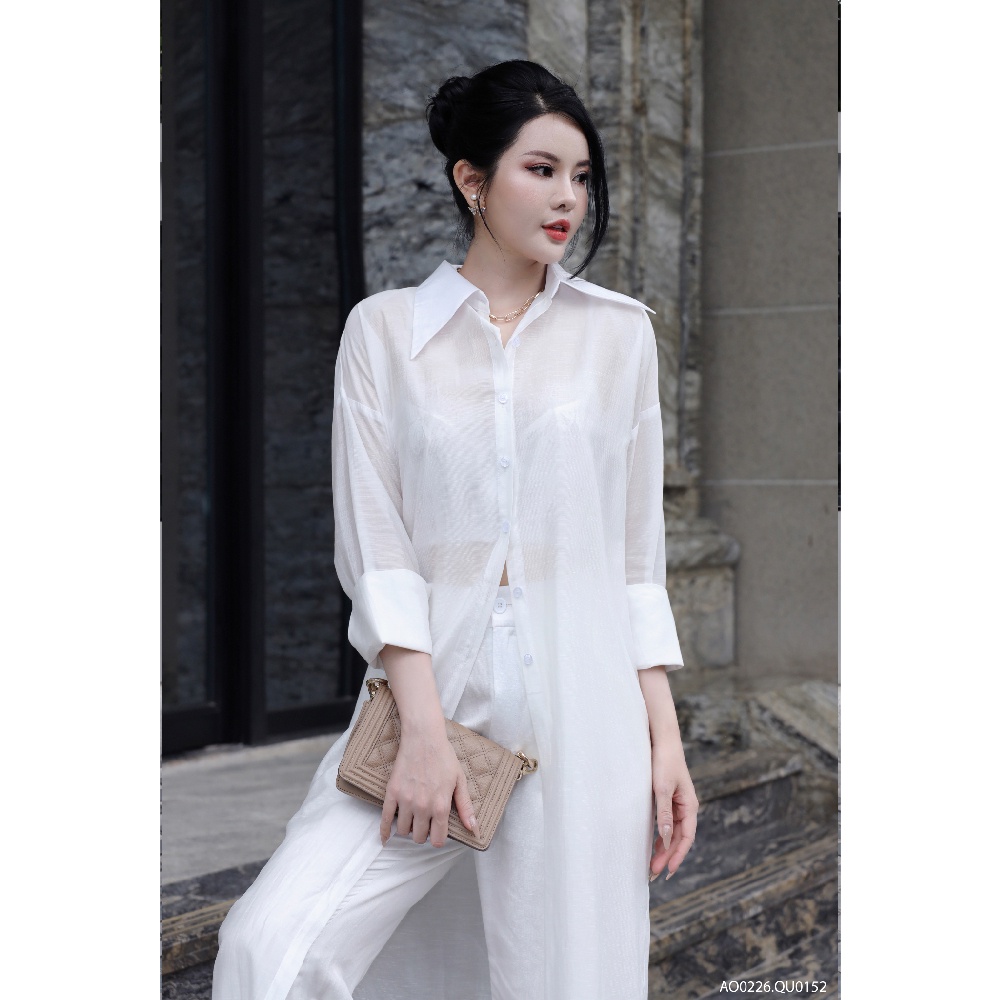 Set áo sơ mi trắng nữ dáng dài basic, quần dài ống rộng dáng suông thanh lịch thương hiệu IFY- AO0226 QU0152