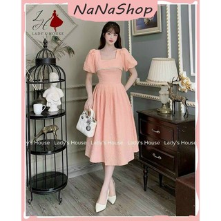 [New Sales 2024] Váy đầm nữ gấm cổ vuông dáng dài ôm eo có mút tay phồng