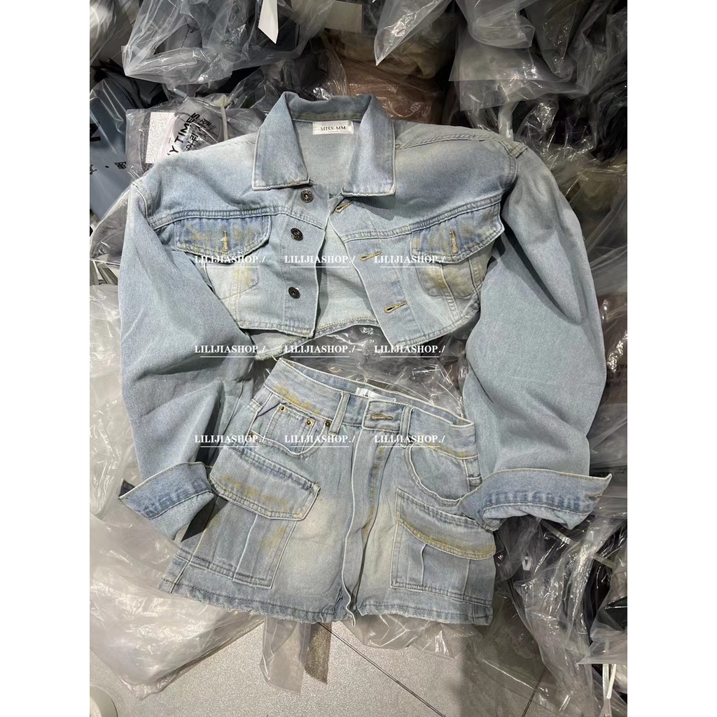 Thời Trang Set Áo Khoác Jeans Tay Dài Phối Chân Váy Ngắn Lưng Cao Phong Cách Mùa Thu Cho Nữ