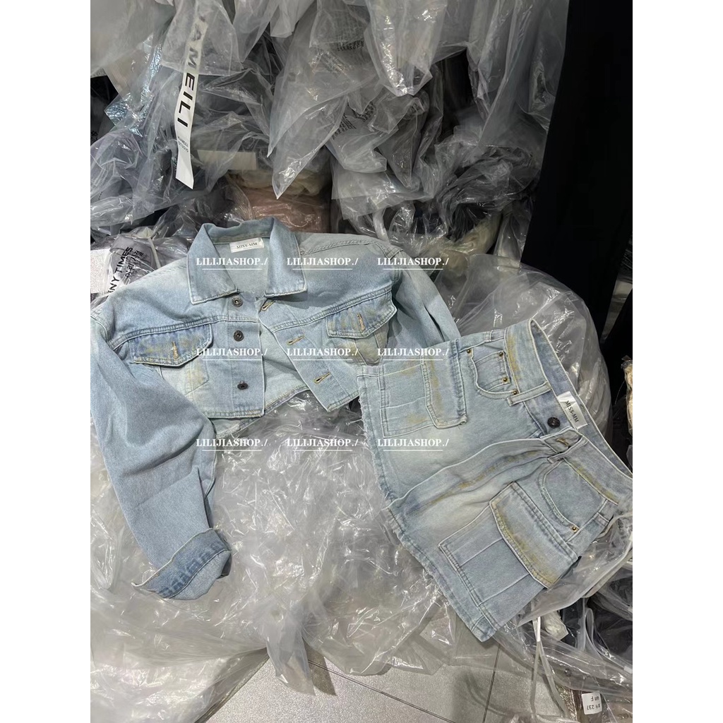 Thời Trang Set Áo Khoác Jeans Tay Dài Phối Chân Váy Ngắn Lưng Cao Phong Cách Mùa Thu Cho Nữ