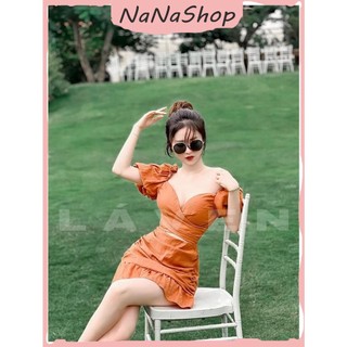 [New Sales 2024] Đầm váy nữ tay phồng xoắn ngực khoét bụng form ngắn chất đũi hai màu trắng, cam