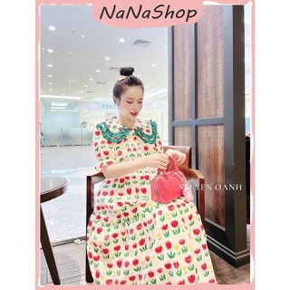 [New Sales 2024] Đầm xòe hoa tay ngắn bo dáng dài phối cổ bèo đôi hai lá