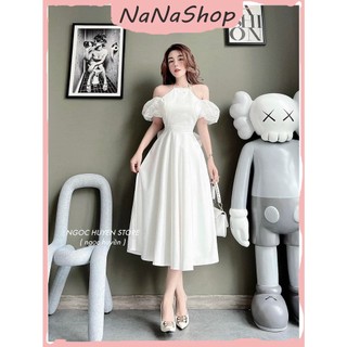 [New Sales 2024] Đầm váy nữ cổ yếm trễ vai màu trắng tinh họa tiết nơ sau eo