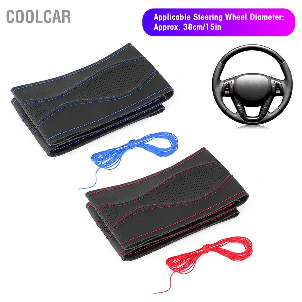 CoolCar Bọc Vô Lăng Da 38Cm/15in Khâu Tay Dập Nổi Bằng Kim Và Chỉ Đa Năng