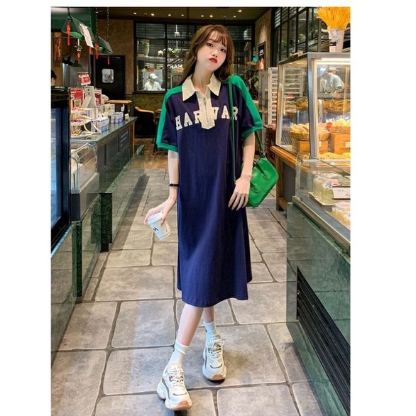 Đầm Dáng Rộng Cổ polo Tay Ngắn Màu Tương Phản Cho Nữ