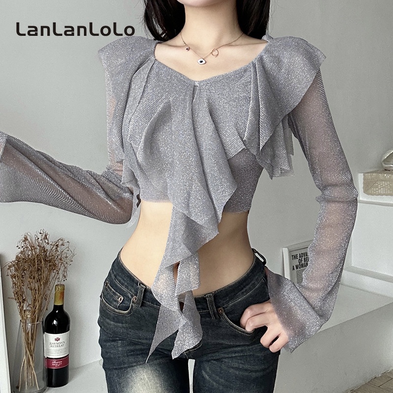 Lanlolo Áo Thun crop Top Tay Dài Cổ Tròn Màu Trơn Phối Lưới Xuyên Thấu Thời Trang 2023 Cho Nữ
