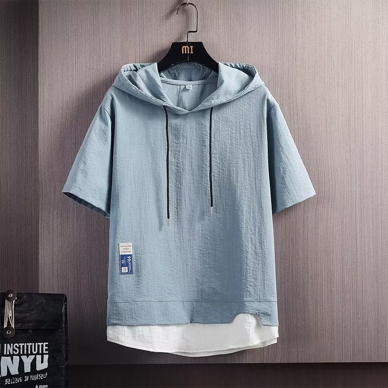 Áo Thun Tay Ngắn Giả Hai Lớp Có Mũ Trùm Đầu Oversize Phong Cách Nhật Bản Cho Nam Màu Trắng / Đen / Xám / Xanh Dương
