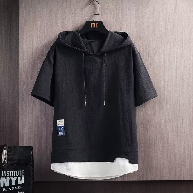 Áo Thun Tay Ngắn Giả Hai Lớp Có Mũ Trùm Đầu Oversize Phong Cách Nhật Bản Cho Nam Màu Trắng / Đen / Xám / Xanh Dương