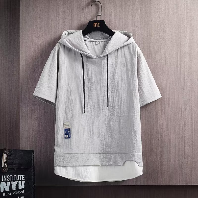 Áo Thun Tay Ngắn Giả Hai Lớp Có Mũ Trùm Đầu Oversize Phong Cách Nhật Bản Cho Nam Màu Trắng / Đen / Xám / Xanh Dương