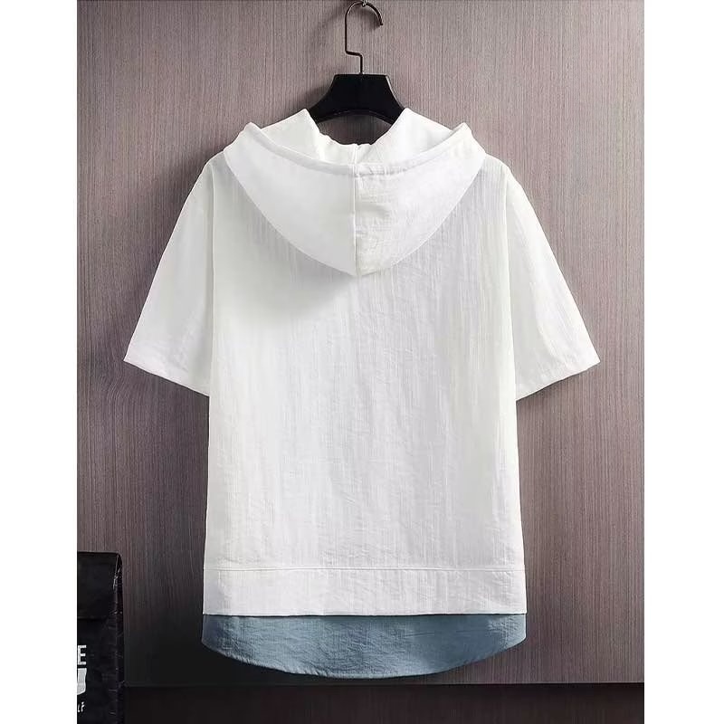 Áo Thun Tay Ngắn Giả Hai Lớp Có Mũ Trùm Đầu Oversize Phong Cách Nhật Bản Cho Nam Màu Trắng / Đen / Xám / Xanh Dương