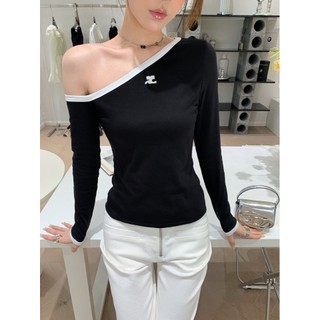 ZKWQ early Autumn 2023 new black pullover shoulder long sleeve top black and white color matching design slim-fit T-shirt