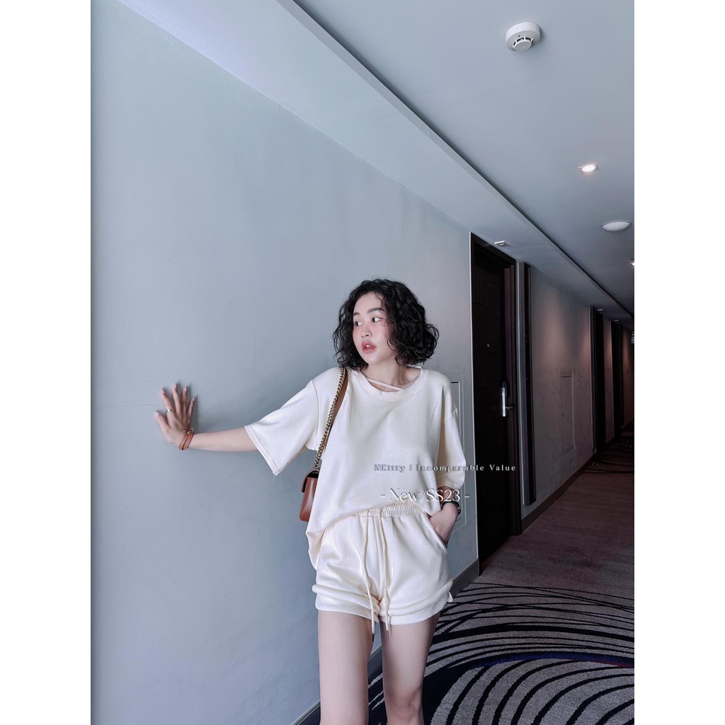 Set trơn quần short lai cuộn