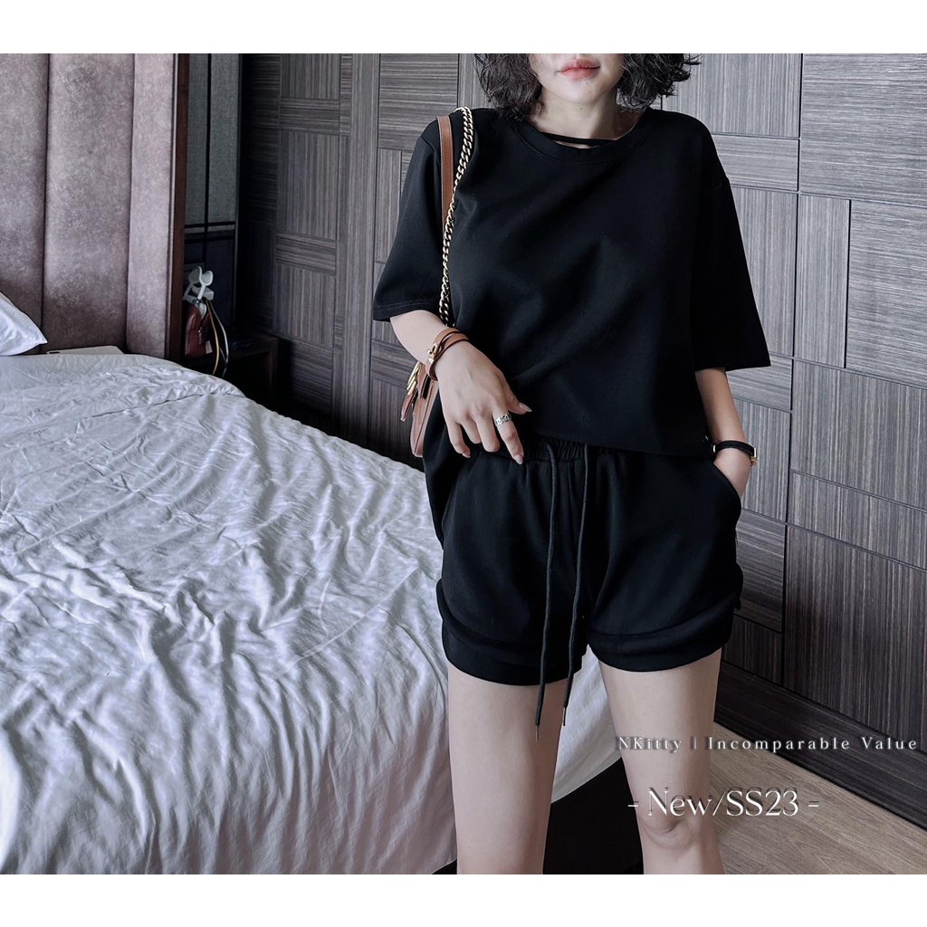 Set trơn quần short lai cuộn