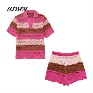 Áo dệt kim tay ngắn/ Quần short UIBEY 3935 phối màu thời trang