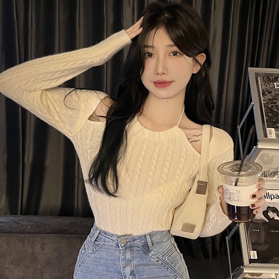 Áo Len Dài Tay Trễ Vai Giả Hai Lớp Thiết Kế Mới Thời Trang Dành Cho Mùa Thu Đông