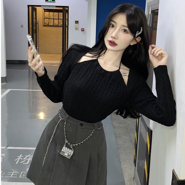 Áo Len Dài Tay Trễ Vai Giả Hai Lớp Thiết Kế Mới Thời Trang Dành Cho Mùa Thu Đông