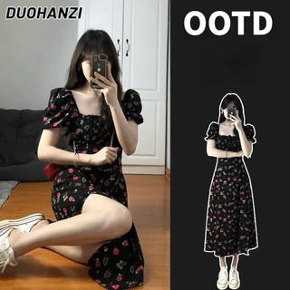 Đầm đen cổ vuông tay phồng xẻ tà in hoa nhí cổ vuông đầm maxi xẻ tà sexy