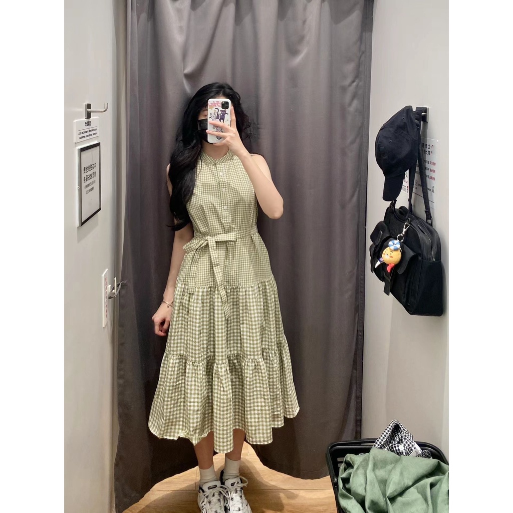 K4477 Đầm Không Tay Xếp Ly Có Túi Bên Hông Bằng Vải Gạc Tre Hàng Ngày youjia