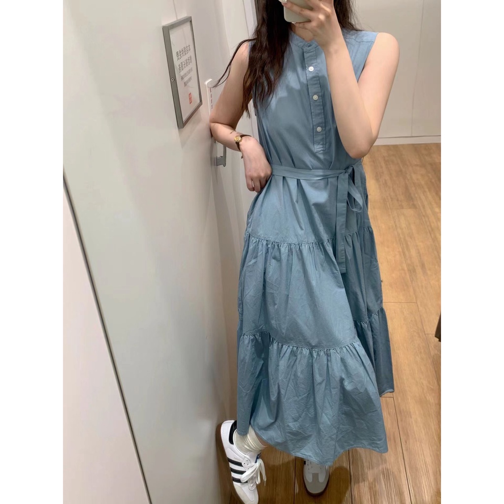 K4477 Đầm Không Tay Xếp Ly Có Túi Bên Hông Bằng Vải Gạc Tre Hàng Ngày youjia