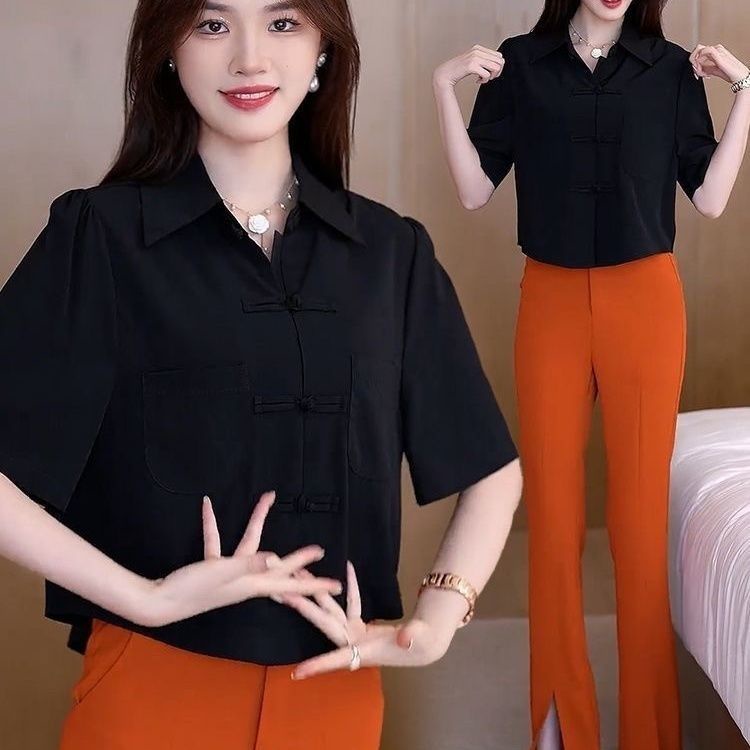 Áo Sơ Mi chiffon Ngắn Tay Màu Trơn Cài Nút Kiểu Trung Hoa retro Thời Trang Mùa Hè 2023 Cho Nữ Màu Sắc