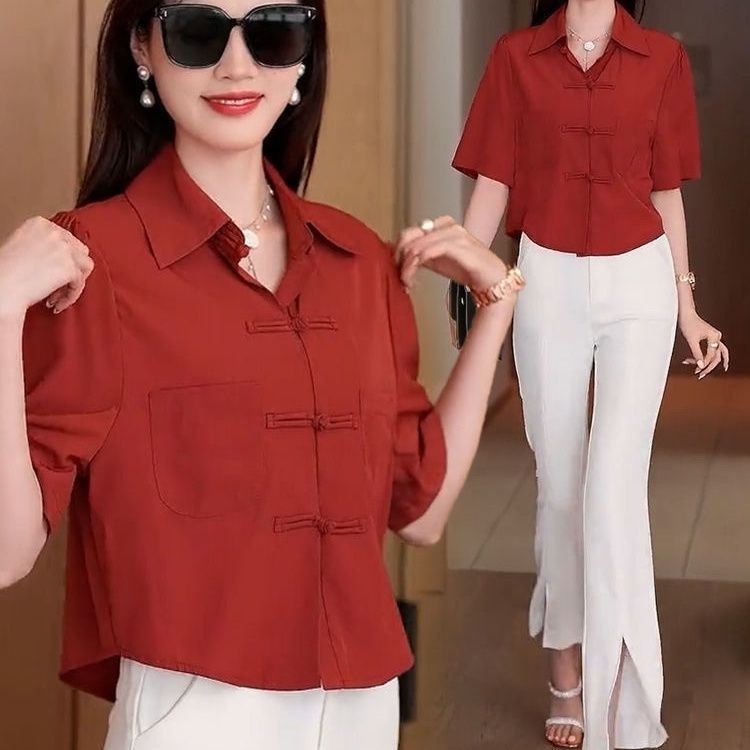 Áo Sơ Mi chiffon Ngắn Tay Màu Trơn Cài Nút Kiểu Trung Hoa retro Thời Trang Mùa Hè 2023 Cho Nữ Màu Sắc