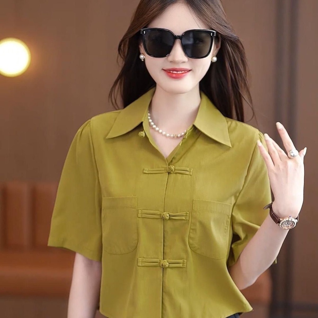 Áo Sơ Mi chiffon Ngắn Tay Màu Trơn Cài Nút Kiểu Trung Hoa retro Thời Trang Mùa Hè 2023 Cho Nữ Màu Sắc
