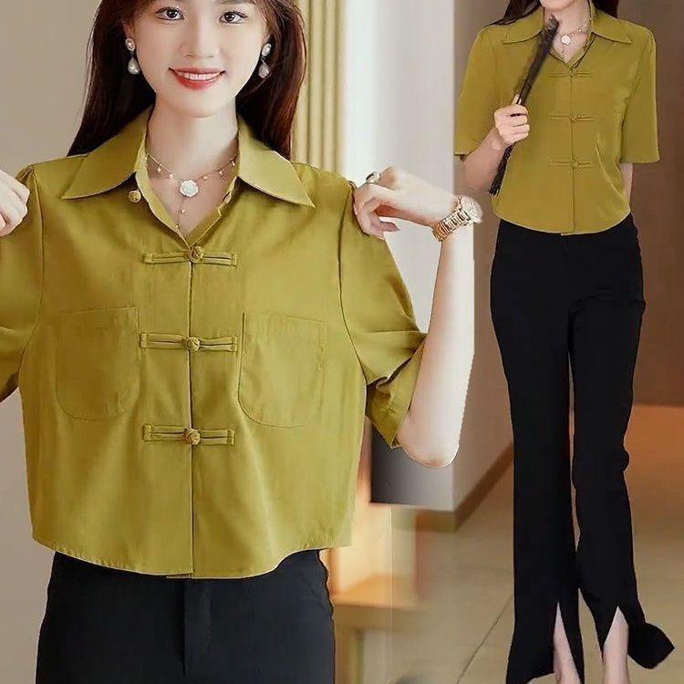 Áo Sơ Mi chiffon Ngắn Tay Màu Trơn Cài Nút Kiểu Trung Hoa retro Thời Trang Mùa Hè 2023 Cho Nữ Màu Sắc