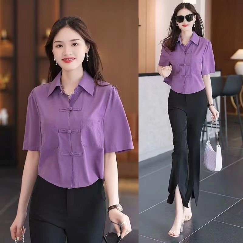 Áo Sơ Mi chiffon Ngắn Tay Màu Trơn Cài Nút Kiểu Trung Hoa retro Thời Trang Mùa Hè 2023 Cho Nữ Màu Sắc
