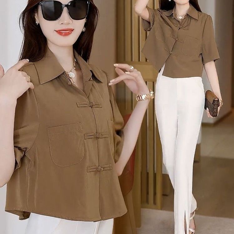 Áo Sơ Mi chiffon Ngắn Tay Màu Trơn Cài Nút Kiểu Trung Hoa retro Thời Trang Mùa Hè 2023 Cho Nữ Màu Sắc