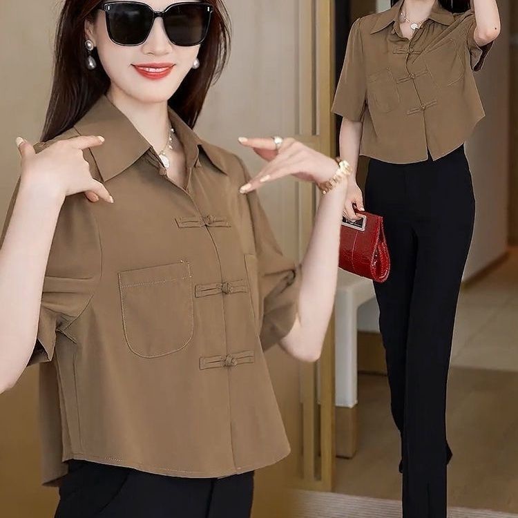 Áo Sơ Mi chiffon Ngắn Tay Màu Trơn Cài Nút Kiểu Trung Hoa retro Thời Trang Mùa Hè 2023 Cho Nữ Màu Sắc