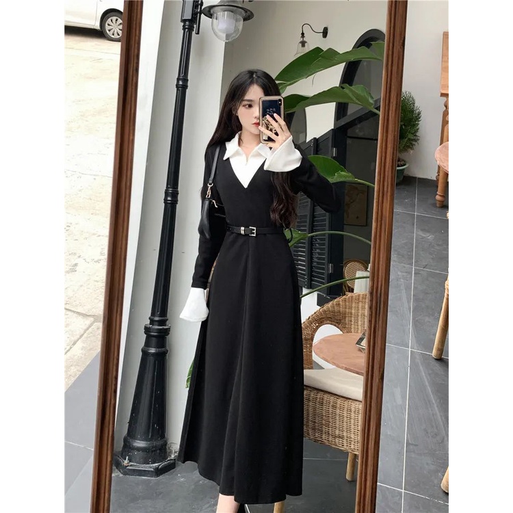 Cozok Đầm Tay Dài Phối Màu Thời Trang Ôm Eo