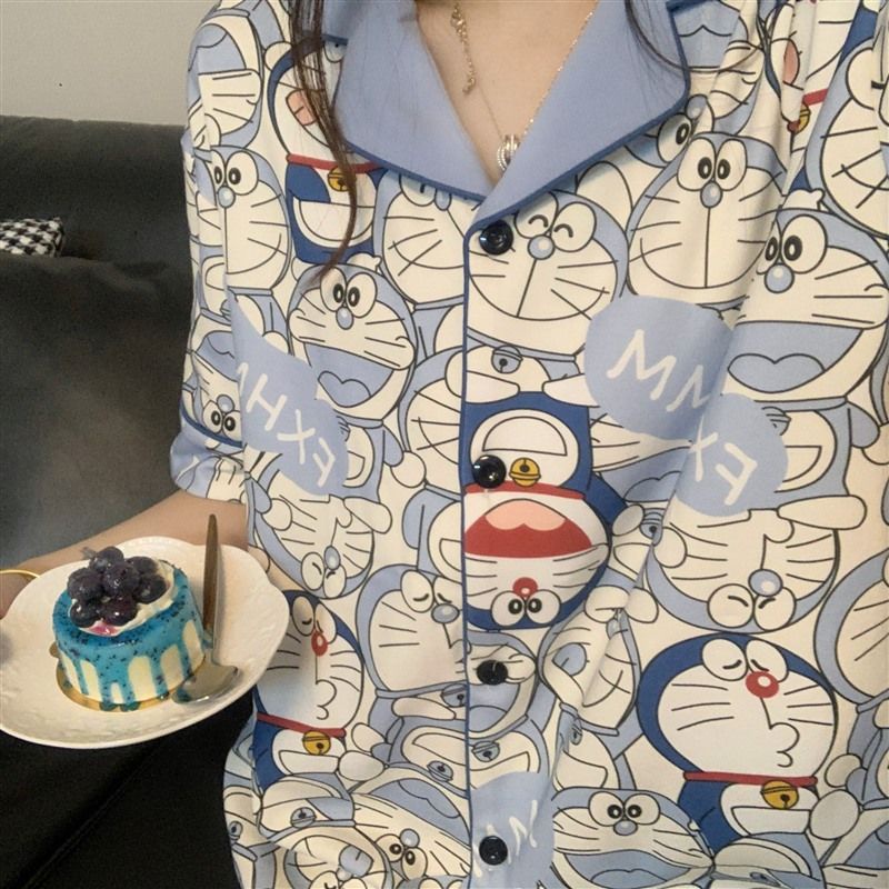 Bộ Đồ Ngủ Tay Ngắn In Hình Doremon Dễ Thương Thời Trang Mùa Hè Cho Nữ