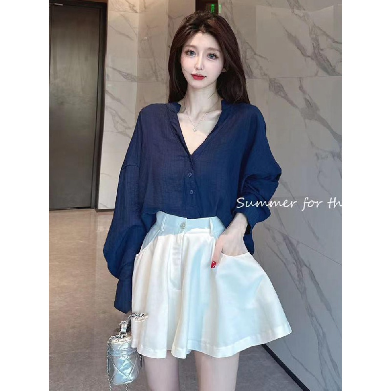 New pure style shirt skirt pants suit for girls long sleeve chiffon shirt top contrast color pants high waist wide leg shorts two-piece suit
