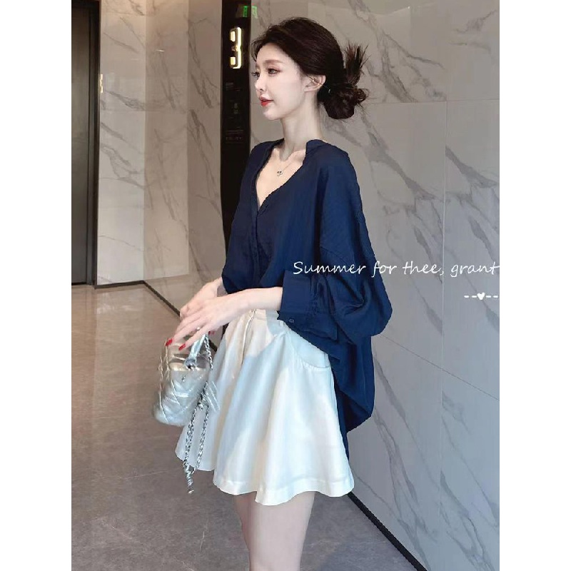 New pure style shirt skirt pants suit for girls long sleeve chiffon shirt top contrast color pants high waist wide leg shorts two-piece suit