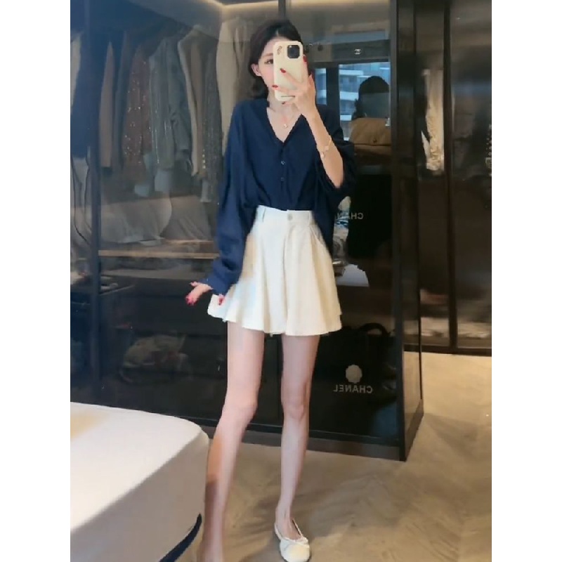 New pure style shirt skirt pants suit for girls long sleeve chiffon shirt top contrast color pants high waist wide leg shorts two-piece suit