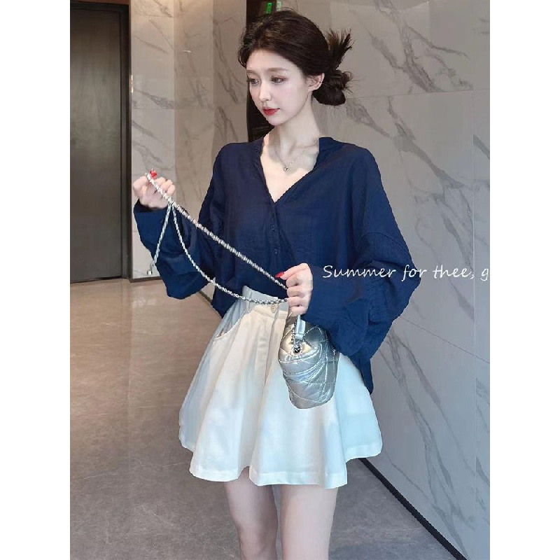 New pure style shirt skirt pants suit for girls long sleeve chiffon shirt top contrast color pants high waist wide leg shorts two-piece suit