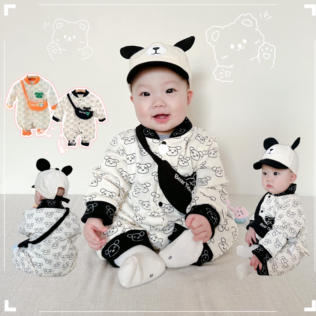 Mới Bộ Áo Liền Quần Tay Dài + Túi Đeo Vai Bằng Vải cotton In Họa Tiết Hoạt Hình Chú Gấu Nhỏ Dễ Thương Thời Trang Xuân Thu Cho Bé Trai Và Gái 0-24 Tháng Tuổi