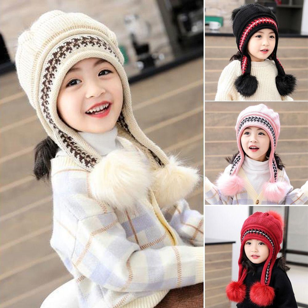 Kent1 Mũ beanie Dệt Kim Dày Dặn Gắn Quả Bông Dễ Thương Giữ Ấm Tai Thời Trang Thu Đông Cho Bé