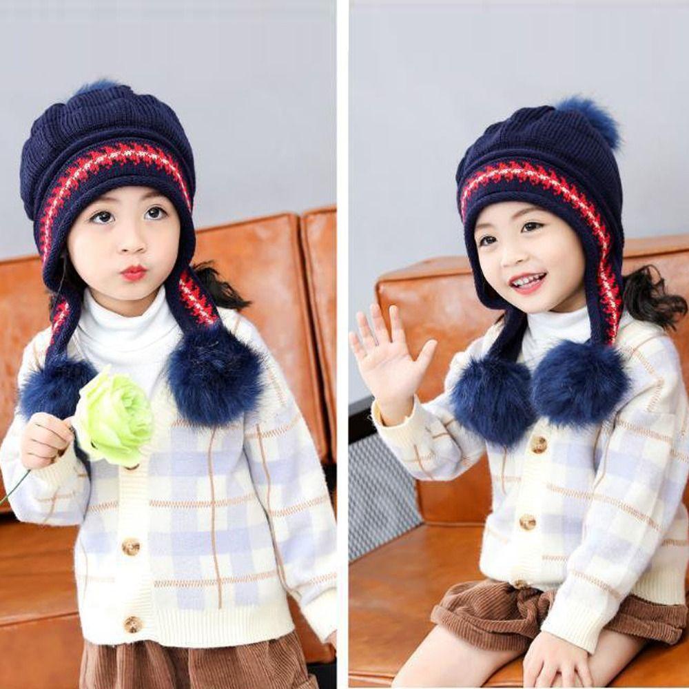 Kent1 Mũ beanie Dệt Kim Dày Dặn Gắn Quả Bông Dễ Thương Giữ Ấm Tai Thời Trang Thu Đông Cho Bé