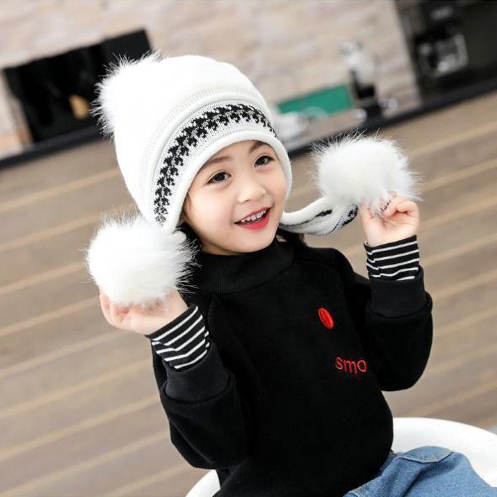 Kent1 Mũ beanie Dệt Kim Dày Dặn Gắn Quả Bông Dễ Thương Giữ Ấm Tai Thời Trang Thu Đông Cho Bé