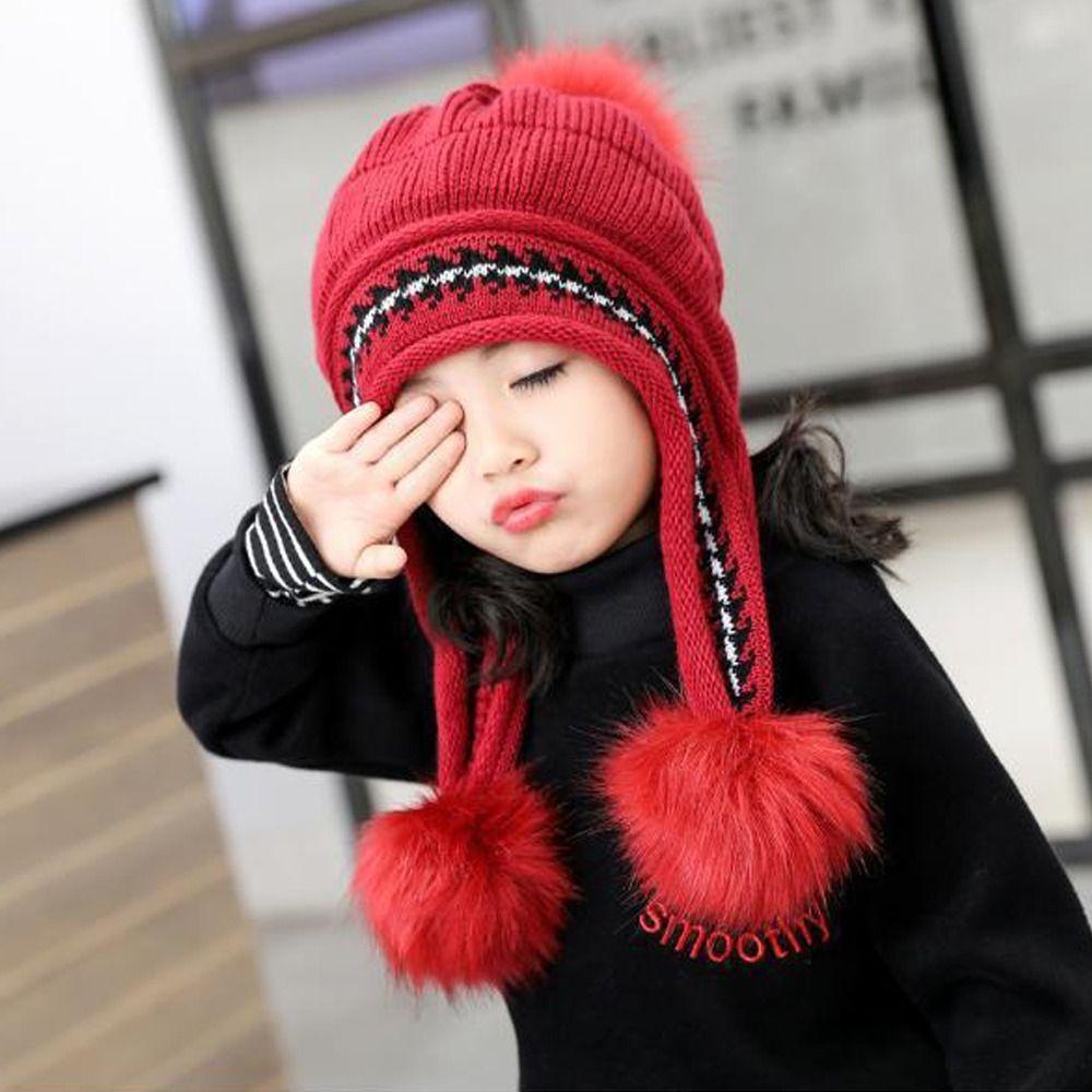 Kent1 Mũ beanie Dệt Kim Dày Dặn Gắn Quả Bông Dễ Thương Giữ Ấm Tai Thời Trang Thu Đông Cho Bé