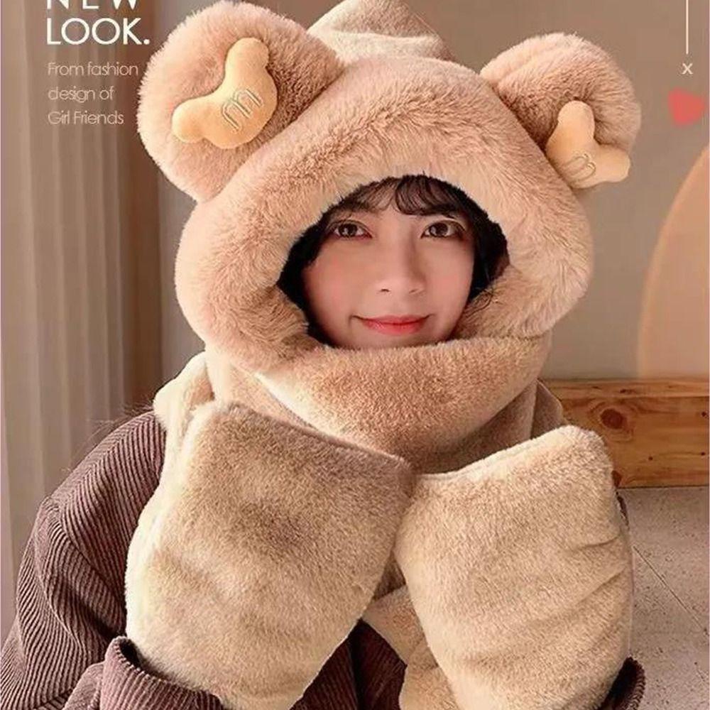 Muvako Mũ Trùm Đầu Tích Hợp Khăn Choàng cotton Dày Dặn Hình Gấu Bông Dễ Thương Kèm Găng Tay Và Khăn Choàng Cổ Cho Nữ