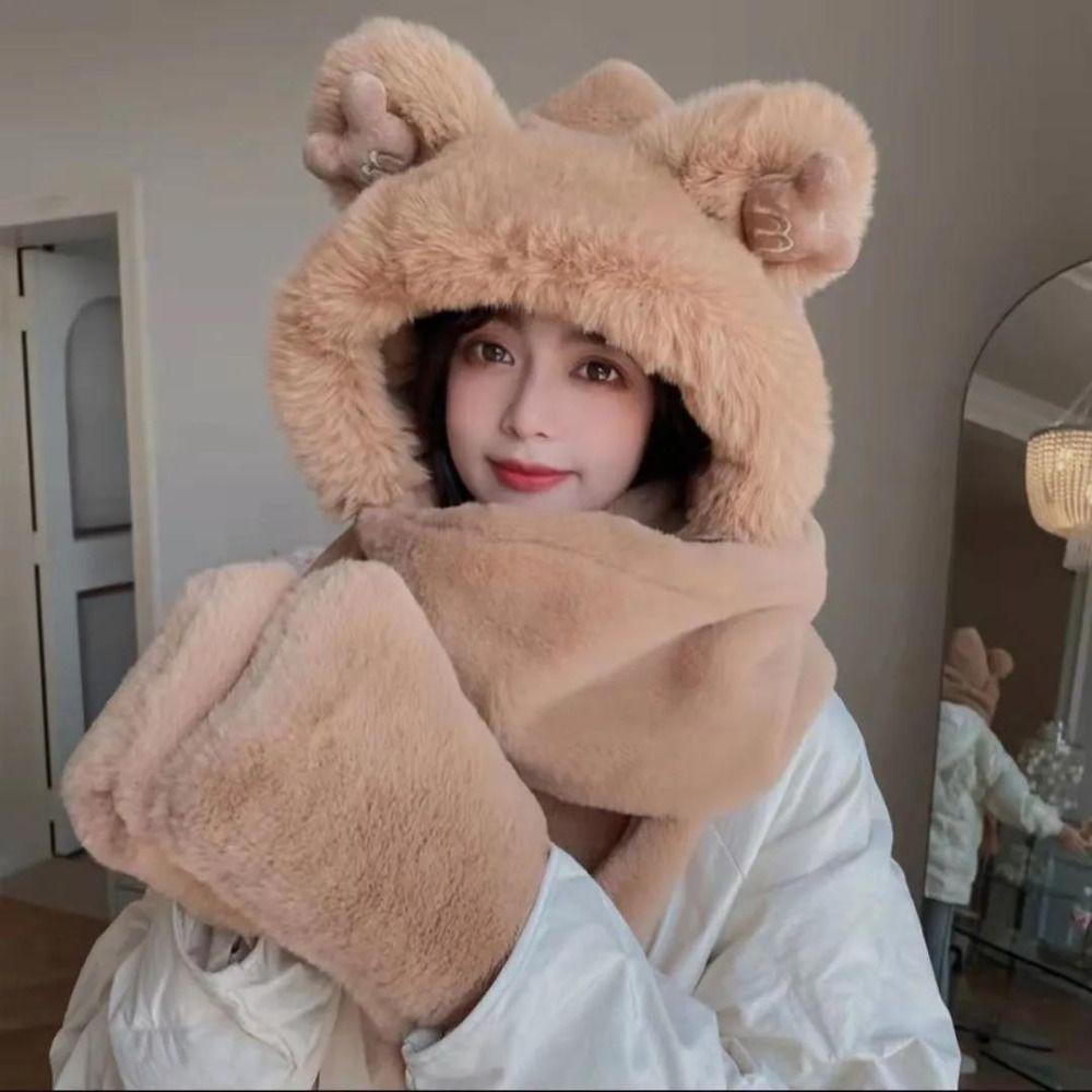 Muvako Mũ Trùm Đầu Tích Hợp Khăn Choàng cotton Dày Dặn Hình Gấu Bông Dễ Thương Kèm Găng Tay Và Khăn Choàng Cổ Cho Nữ
